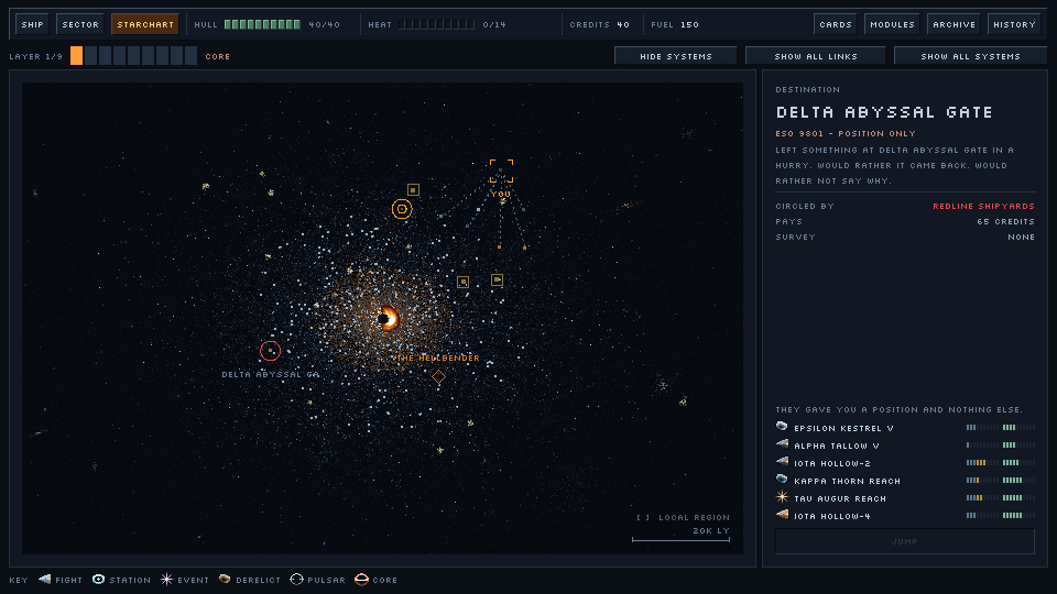 The star chart: a spiral galaxy of systems with a destination panel
