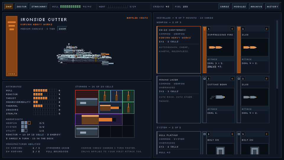 The refit screen: hull with its hardpoints, the hold grid, attributes, and the cards each installed part grants